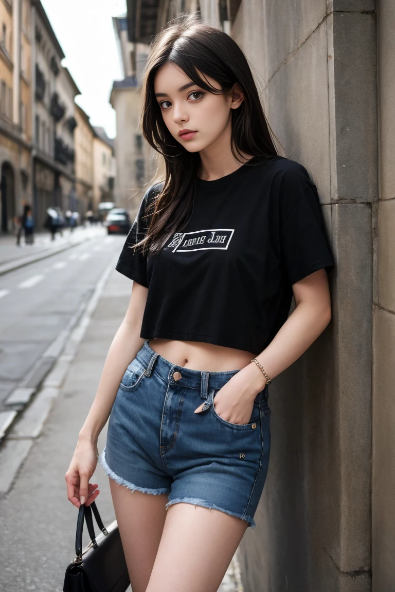 une femme sexy et mince de 18 ans , emo girl , black t-shirt and short en jean