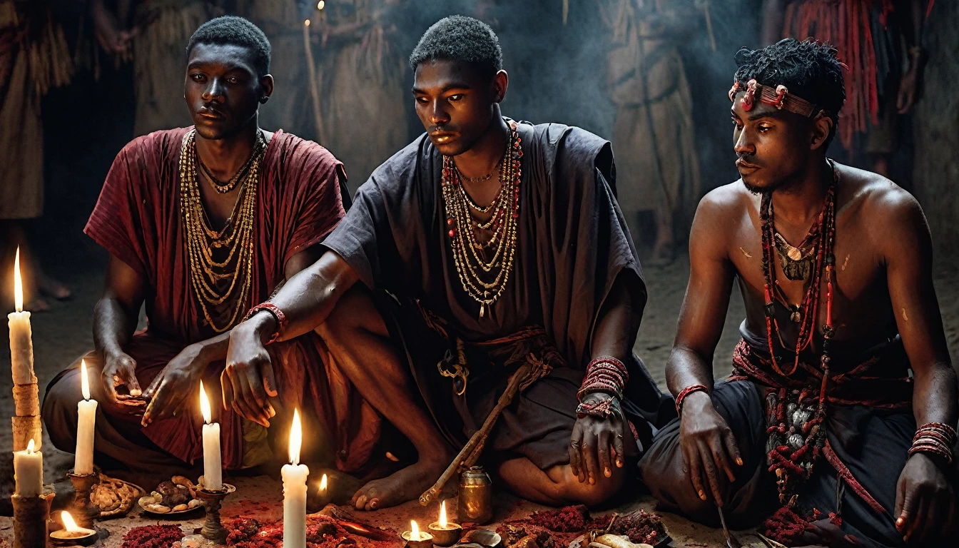 three MEN in their 20s dressed in tunic, sacrificing animals with Blood, candles, voodoo, clear and ultra realistic image