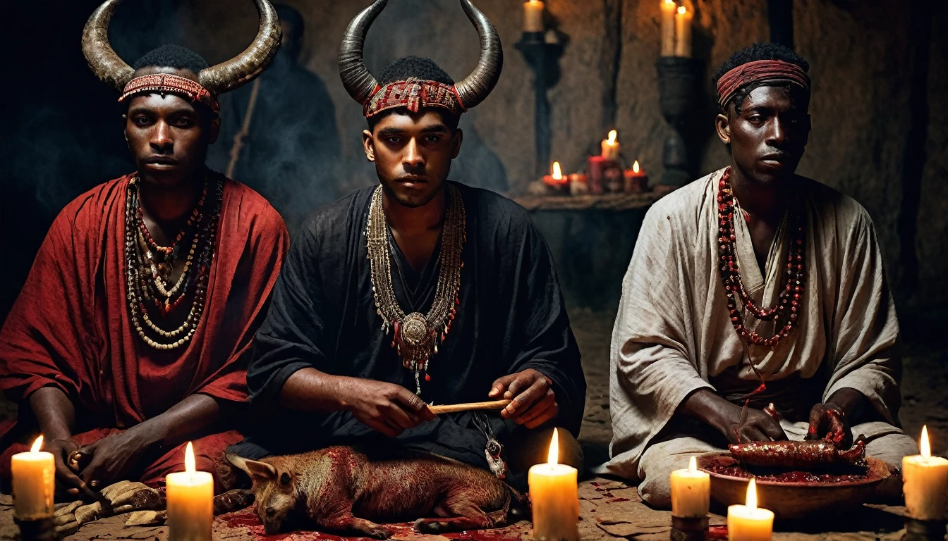 three MEN in their 20s dressed in tunic, sacrificing animals with Blood, candles, voodoo, clear and ultra realistic image