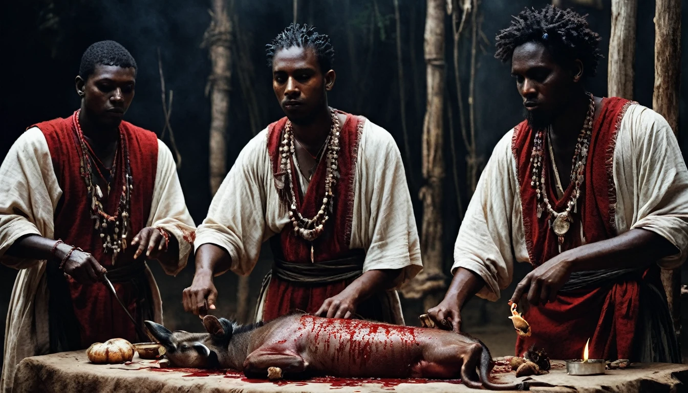 three MEN in their 20s dressed in tunic, sacrificing animals with Blood, candles, voodoo, clear and ultra realistic image