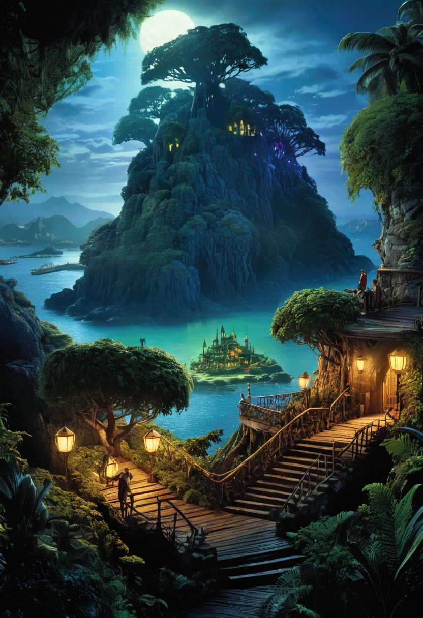 Mysterious Island, Mysterious atmosphere, exaggerate lighting, by Edward Gorey, no_human, cinematic still, (best quality, masterpiece), very aesthetic, perfect composition, intricate details, ultra-detailed, vivid colors