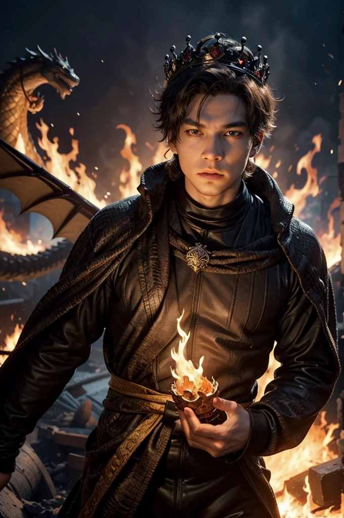 create a man around him a dragon wrapped around his body, and she with a crown of fire, in an environment of destruction
