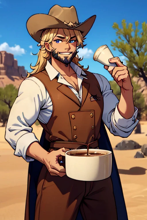 Perfect face. Perfect hands. A blonde muscular haired cowboy with blue eyes and a dark beard and long hair in a sheriff's outfit is making coffee in the desert in the wild west with a big smile