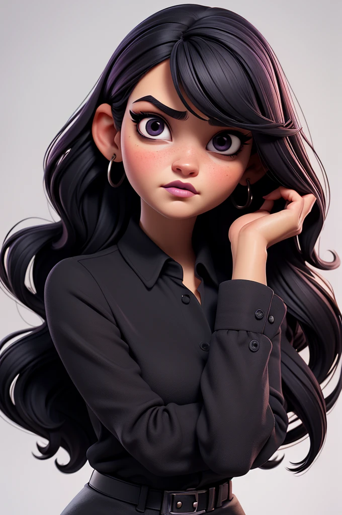 create an 3d illustration, model realistic, exuberant,boredom expression, emo, wearing black long basic sleeve blouse, woman sofisticaded, straight long dark purple hair with bangs, tired out, droopy pupils and dark circles, luxury, realistic, nitid, black lips, pixar style, stylish, look for the camera, white background, center photo