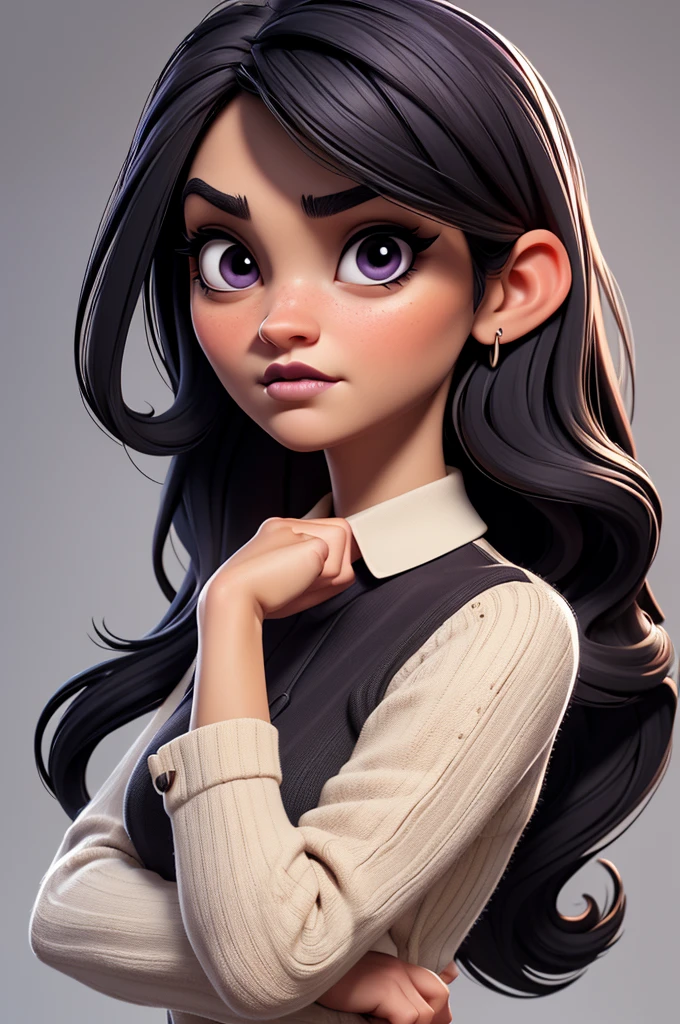 create an 3d illustration, model realistic, exuberant,boredom expression, emo, wearing black long basic sleeve blouse, woman sofisticaded, straight long dark purple hair with bangs, tired out, droopy pupils and dark circles, luxury, realistic, nitid, black lips, pixar style, stylish, look for the camera, white background, center photo