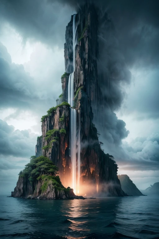 A mystical mysterious island in the middle of the ocean, one island in the ocean, Rain forest, mist, clouds surrounding the island, waterfalls falling down the sky, mysterious atmosphere, mystical, fantasy, digital art, intricate details, 8k, photorealistic, hyperrealistic, cinematic lighting, dramatic lighting, high quality, intricate details, masterpiece, digital art