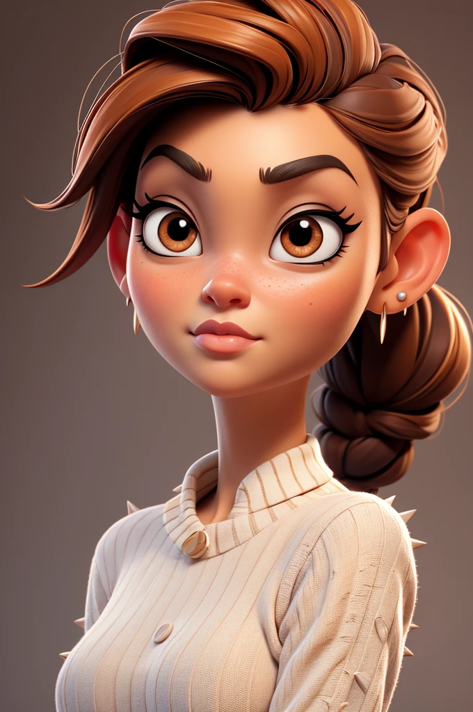 create an 3d illustration, model realistic, exuberant, big eyes, biting nails apprehensive expression, high ponytail hair vivid orange, spiky hair, neck pulover white with brown horizontal stripes,, woman sofisticaded, luxury, realistic, nitid, fushia brown lips, pixar style, stylish, look for the camera, white background, center photo