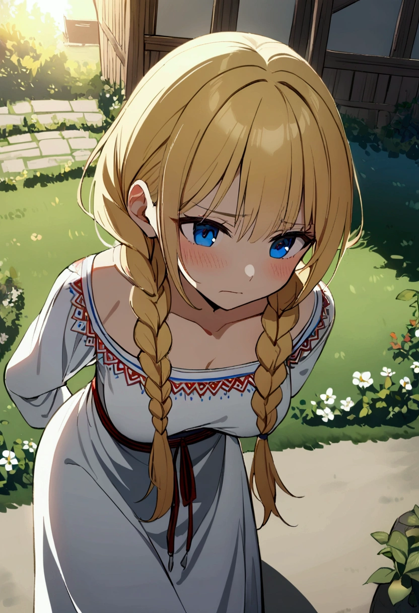1 girl with long blonde hair, hair braided into two braids, Blue eyes, tired face,medium breasts, white Slavic dress, view from above, Morning lighting, Standing bent, near the village garden