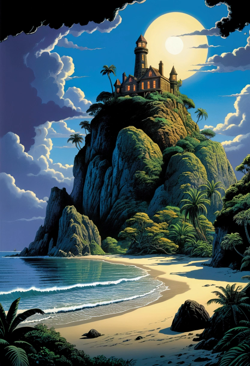 Mysterious Island, Mysterious atmosphere, exaggerate lighting, by Edward Gorey, no_human, cinematic still, (best quality, masterpiece), very aesthetic, perfect composition, intricate details, ultra-detailed, vivid colors