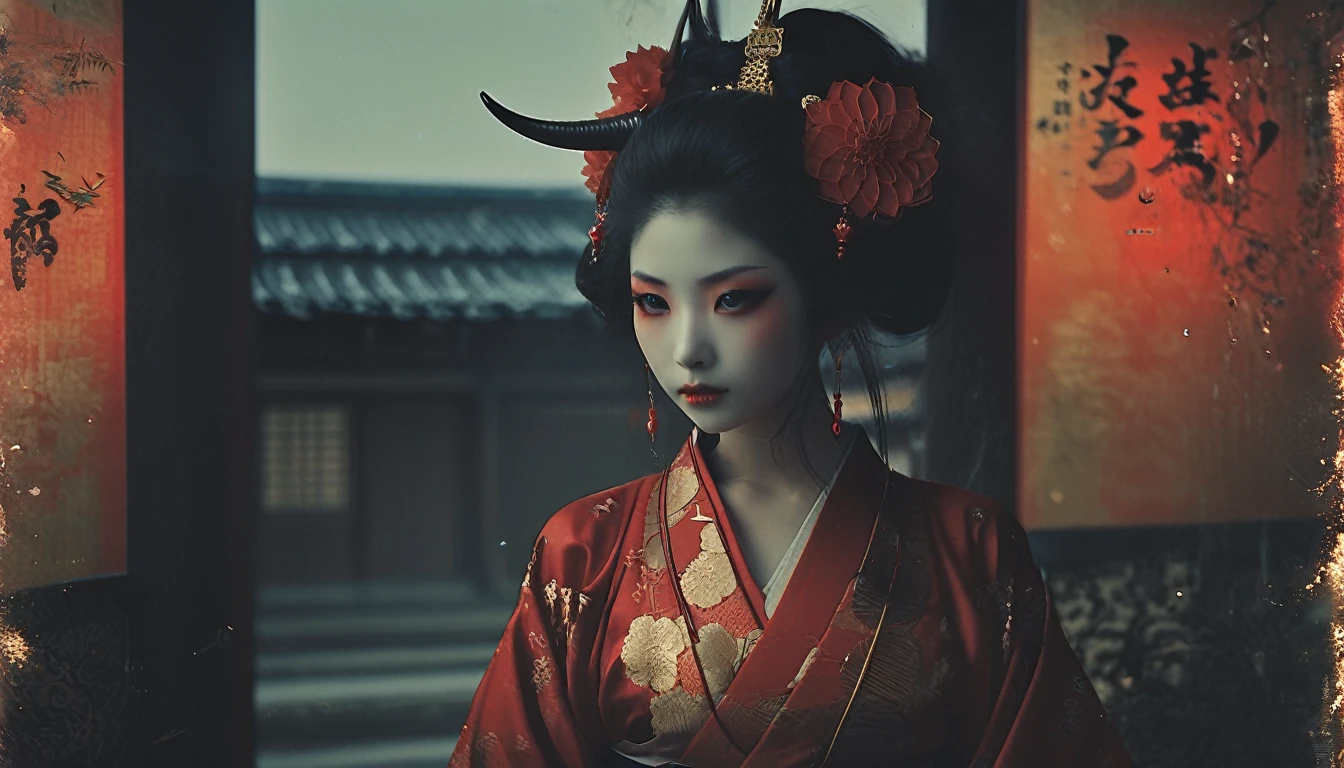 Beautiful monster girl, solo, oni girl, horns, kimono, japanese temple, spirits, yokai, vampire teeth --ar 4:5 --s 250