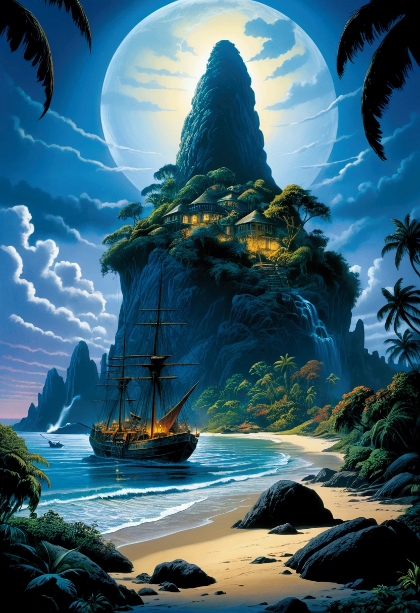 Mysterious Island, Mysterious atmosphere, exaggerate lighting, by Edward Gorey, no_human, cinematic still, (best quality, masterpiece), very aesthetic, perfect composition, intricate details, ultra-detailed, vivid colors