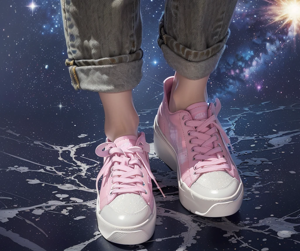 ((Highest quality,masterpiece,Extremely complex and exquisite details,White high-heeled shoes,Pink flannel texture thick-soled sneakers,white shoelaces,Consistent shoes,Correct anatomy)),starry sky galaxy background