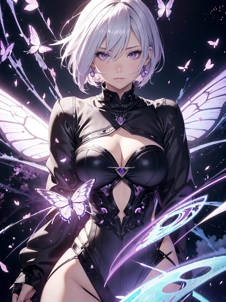 absurdres, highres, ultra detailed, HDR, master piece, best quality, 2B, white hair, expressive blue eyes, Nier Automata, solo, woman, beautiful, black dress, fantasy, magical, shining, purple flowers, blossoms, water, purple petals, purple butterflies, sparkling, purple moon, starry sky