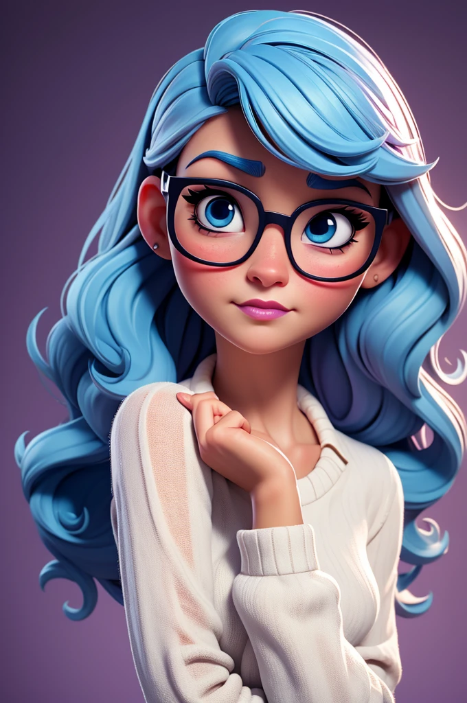 create an 3d illustration, model, exuberant, disney, woman sofisticaded, ver blue eyes, luxury, realistic,innocent, tear on face, wearing white sueter , nitid, pixar style, big eyelash, stylish, glasses, sad expression, using dark purple lipstick, straight short vivid very blue hair, look for the camera, white background, center photo, vivid color
