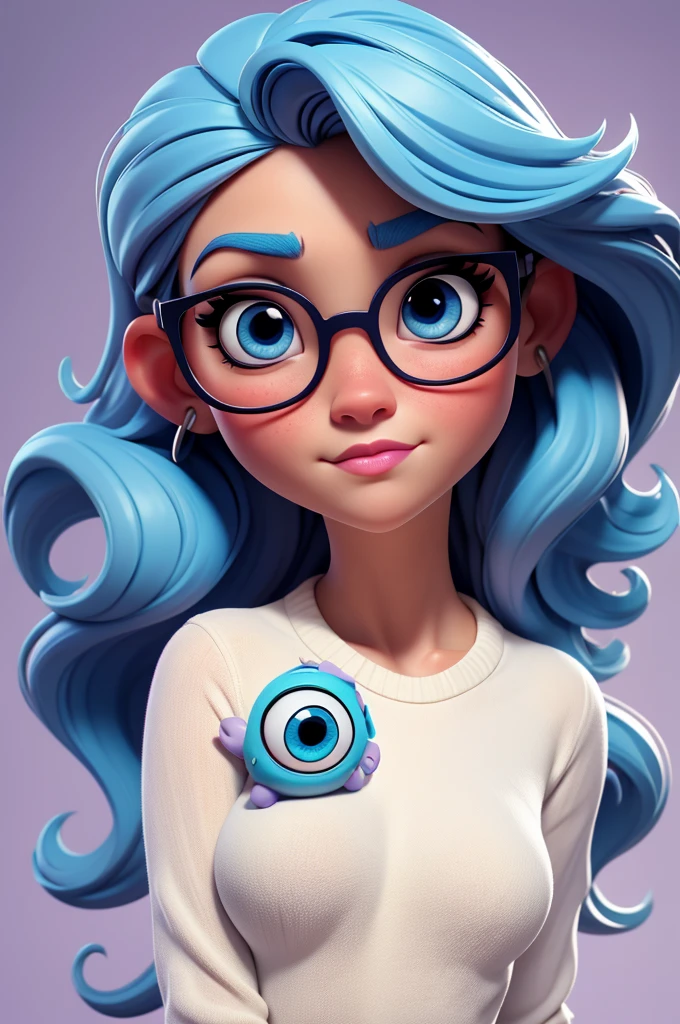 create an 3d illustration, model, exuberant, disney, woman sofisticaded, ver blue eyes, luxury, realistic,innocent, tear on face, wearing white sueter , nitid, pixar style, big eyelash, stylish, glasses, sad expression, using dark purple lipstick, straight short vivid very blue hair, look for the camera, white background, center photo, vivid color
