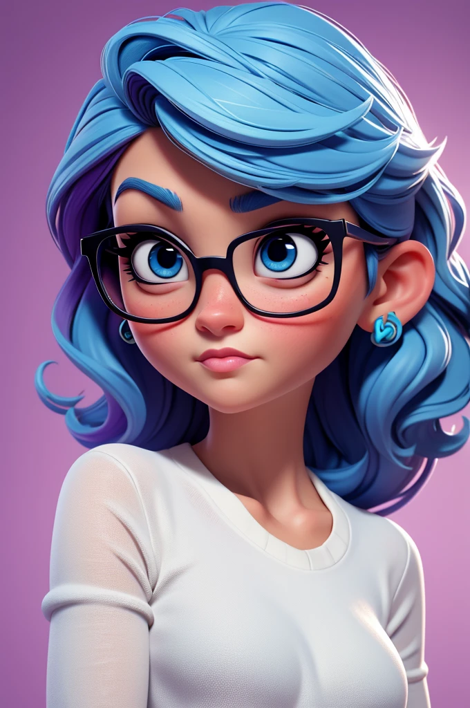 create an 3d illustration, model, exuberant, disney, woman sofisticaded, ver blue eyes, luxury, realistic,innocent, tear on face, wearing white sueter , nitid, pixar style, big eyelash, stylish, glasses, sad expression, using dark purple lipstick, straight short vivid very blue hair, look for the camera, white background, center photo, vivid color
