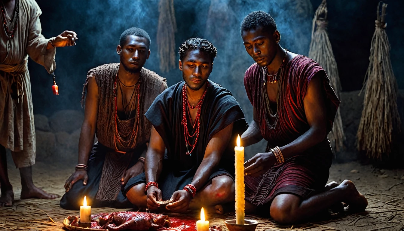 three MEN in their 20s dressed in tunic, sacrificing animals with Blood, candles, voodoo, clear and ultra realistic image