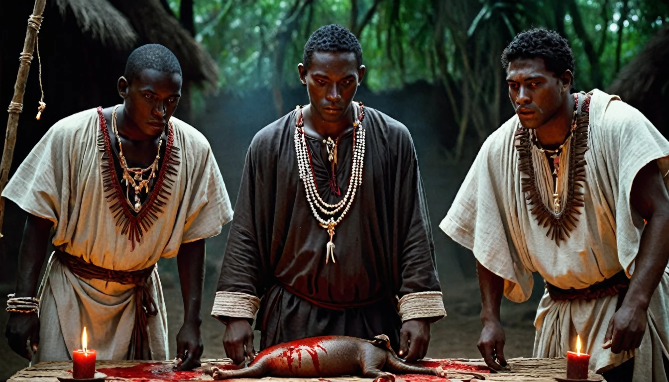 three MEN in their 20s dressed in tunic, sacrificing animals with Blood, candles, voodoo, clear and ultra realistic image