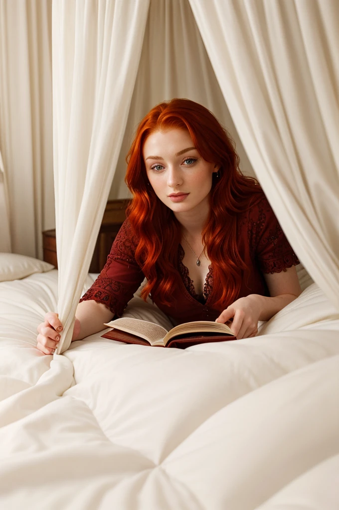 Sophie Turner with red hair lying in bed reading a book, intricate details, warm lighting, soft bedding, cozy atmosphere, relaxed expression, natural lighting, photorealistic, high resolution, digital painting, oil painting style, warm color palette, chiaroscuro lighting, masterpiece