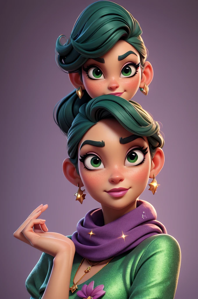 create an 3d illustration, model realistic, exuberant, woman sofisticaded, luxury, realistic, scarf purple in neck, nitid, pixar style, big eyelash, stylish, snobbish face, arched eyebrow, green glitter dress, using burgundy lipstick, straight short dark green hair, look for the camera, white background, center photo
