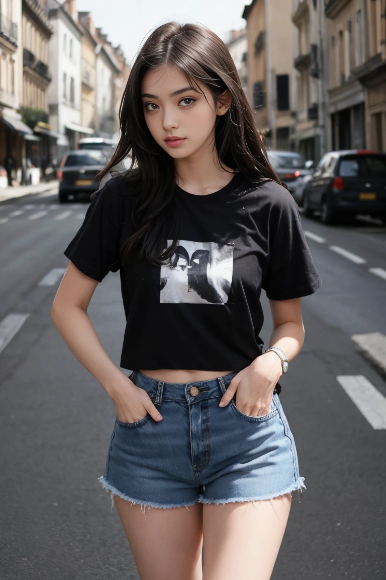 une femme sexy et mince de 18 ans , emo girl , black t-shirt and short en jean