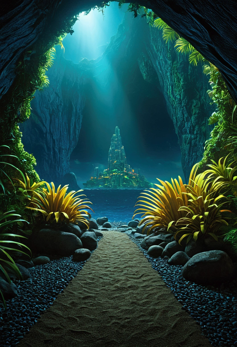 Mysterious Island, Mysterious atmosphere, exaggerate lighting, by Edward Gorey, no_human, cinematic still, (best quality, masterpiece), very aesthetic, perfect composition, intricate details, ultra-detailed, vivid colors