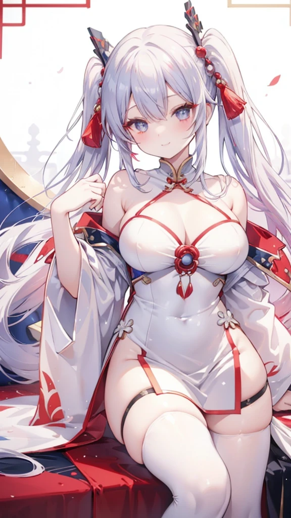Silver Hair、Twin tails、Red gradient hair、Navy blue hair ornament、Golden hair ornament、Red and navy blue odd eyes、smile、Grown-up、Big Breasts、White Chinese Dress、red decoration、Navy blue decoration、Golden decoration、Silver decoration、Shoulder Bare、Chest、tights、Chinatown