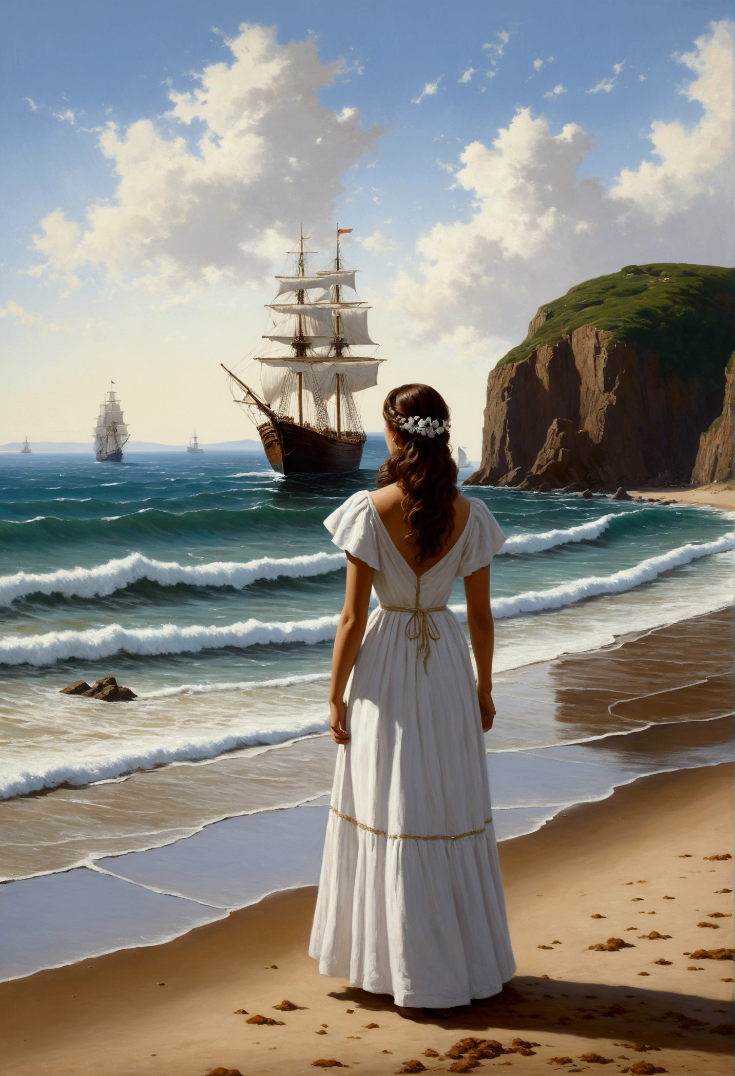 painting of a woman in a white dress looking at a ship on the beach, arriving on land, inspired by Antonio Ciseri, darrell k doce, beautiful girl on the horizon, Inspired by Edmund Leighton, cheval michael (engine unreal, tim hildebrant, by Alexander Kucharsky, inspired by Santiago Martínez Delgado, perto do mar, swanland radius