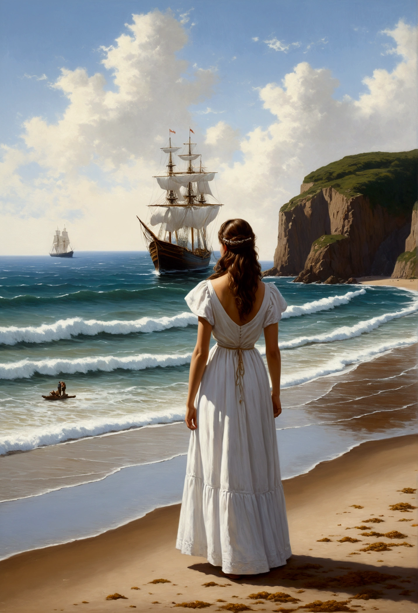 painting of a woman in a white dress looking at a ship on the beach, arriving on land, inspired by Antonio Ciseri, darrell k doce, beautiful girl on the horizon, Inspired by Edmund Leighton, cheval michael (engine unreal, tim hildebrant, by Alexander Kucharsky, inspired by Santiago Martínez Delgado, perto do mar, swanland radius