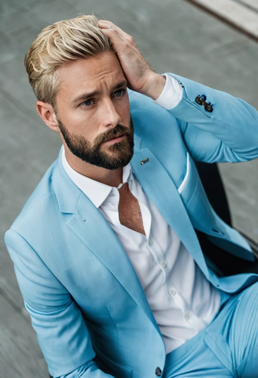 ((best quality)), 1 Men, short beard, slightly blonde hair, wearing light blue suit, half of the body seen from above, he has his hand on his head with doubt