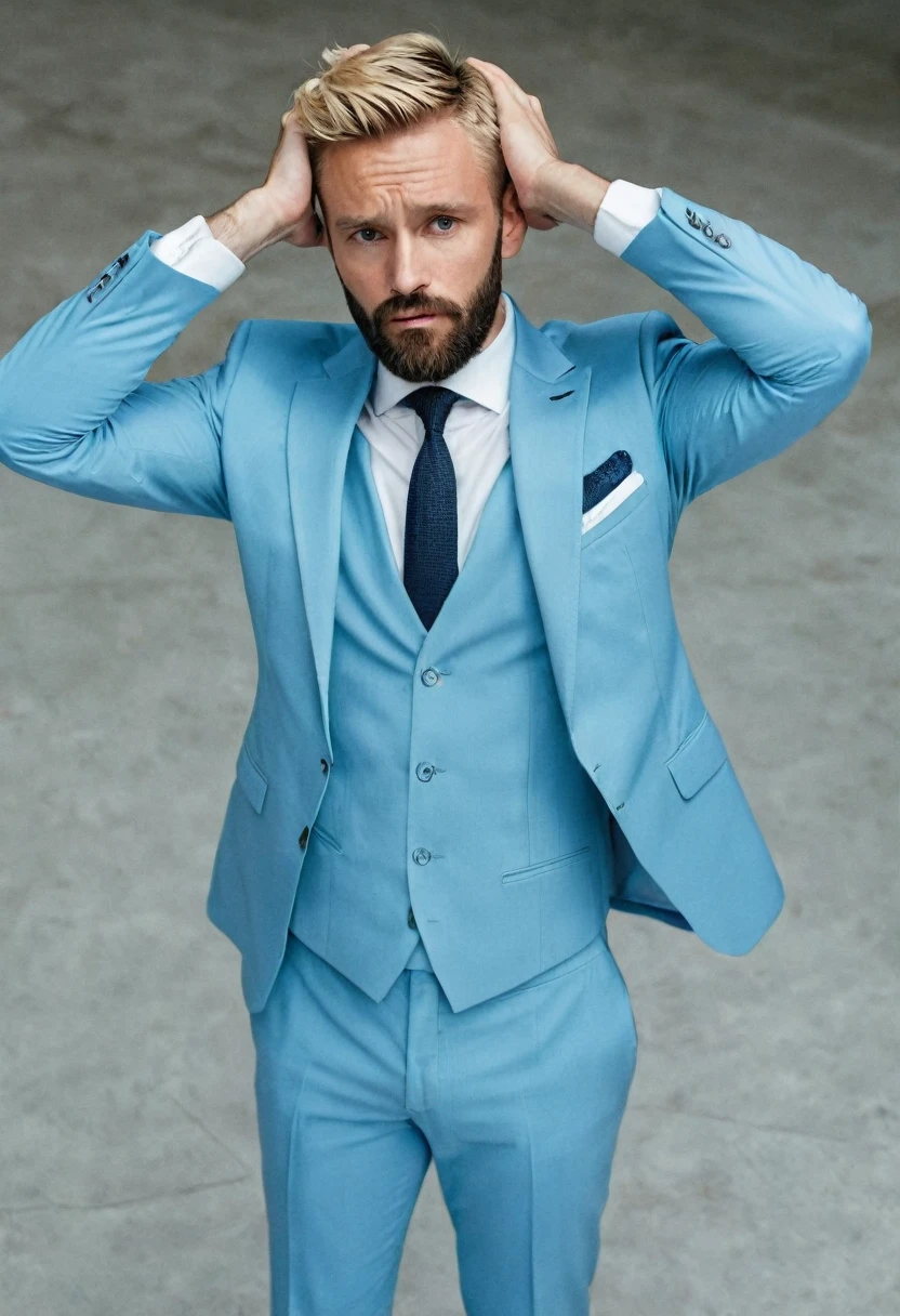 ((best quality)), 1 Men, short beard, slightly blonde hair, wearing light blue suit, half of the body seen from above, he has his hand on his head with doubt