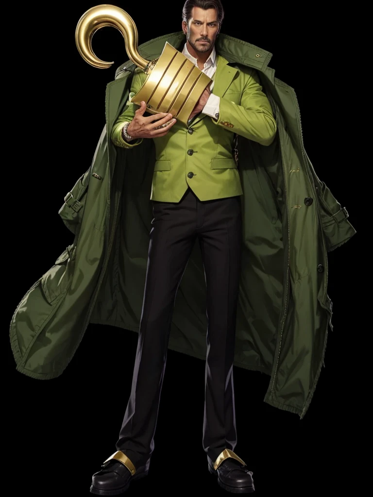 A man from the 80s, with a green coat, with black pants, green shirt, the left hand is a golden pirate hook