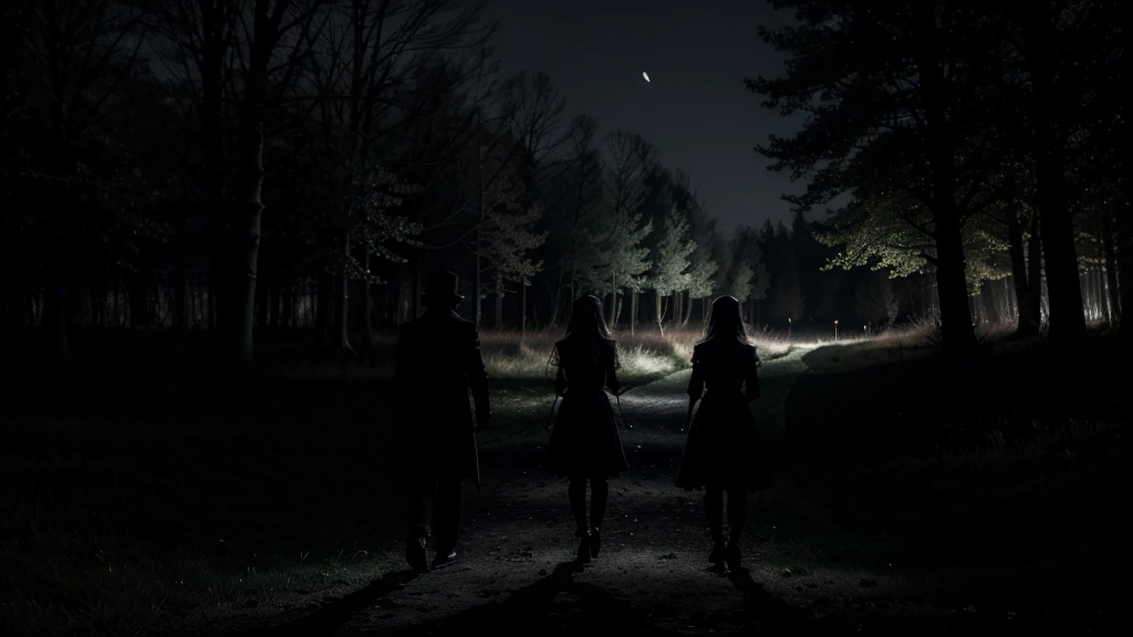 Create a night scene where two silhouettes wander through a dark, shadowy forest. The moonlight filters through the trees, casting eerie shadows on the ground. In the background, faint echoes of laughter can be seen as ghostly figures. The atmosphere should be melancholic and mysterious, with a sense of longing and nostalgia.