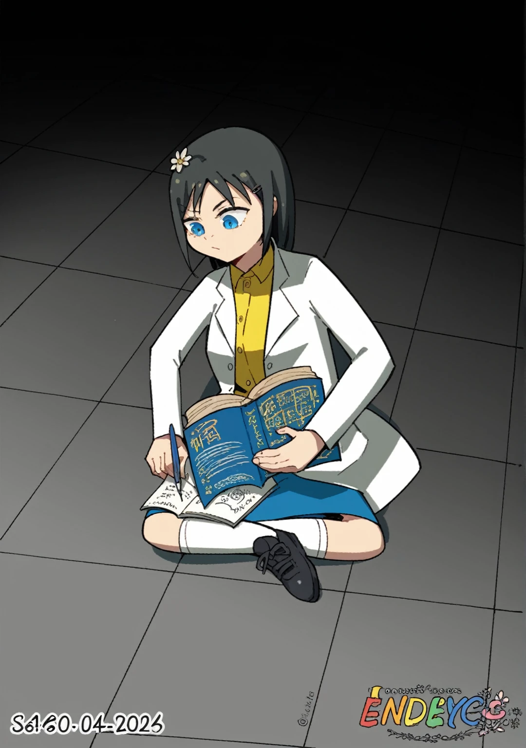 Girl, dark hair, blue eyes, flower hairpin, white lab coat, yellow shirt, blue skirt, black shoes, white socks, dark blue calculus book,writing,studying on the floor, half dark room