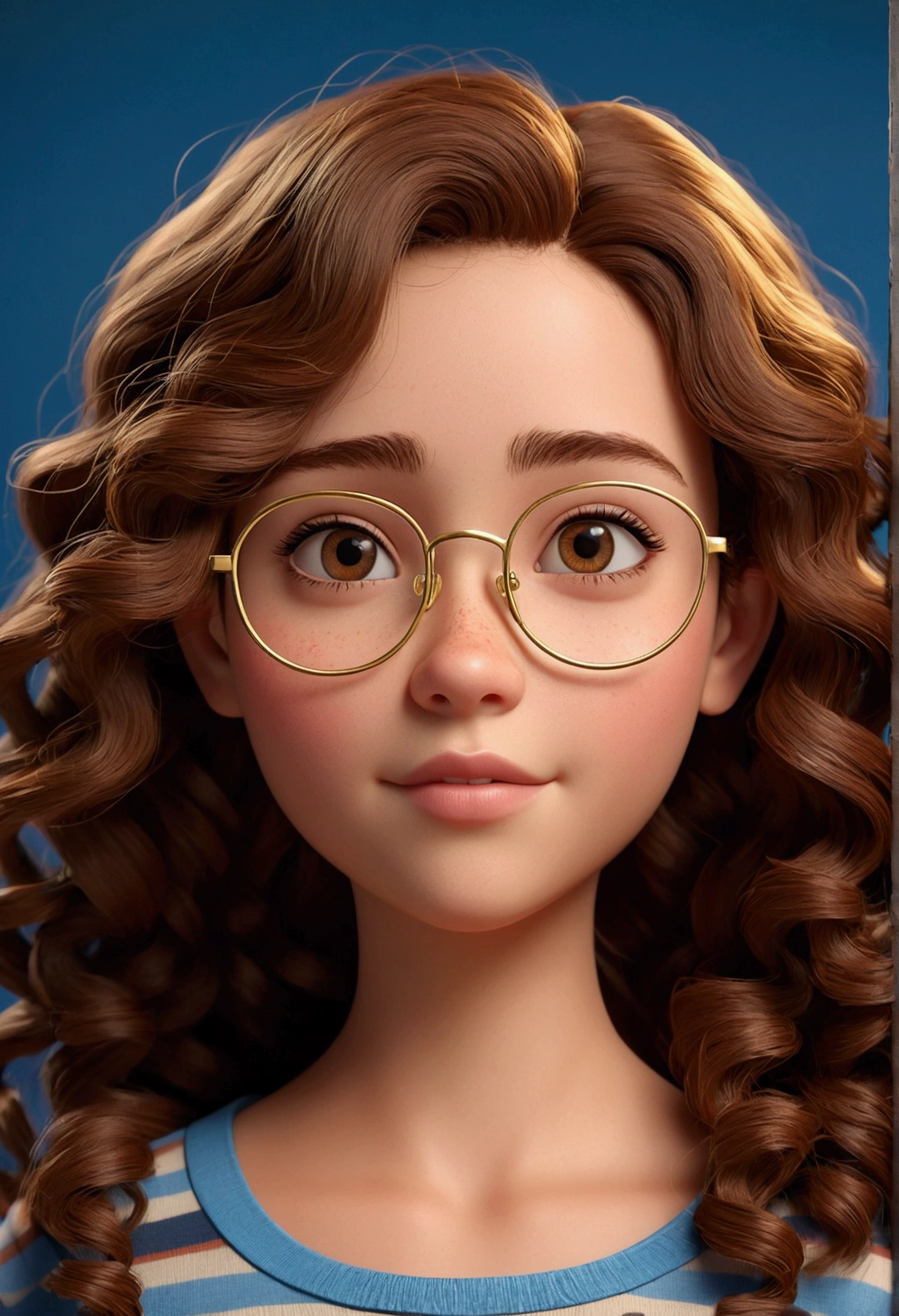 24-year-old female, eyes browns, with gold-colored prescription glasses, very long brown curly hair, animation style rendering, 3d stylized, Arnold Maya rendering, Stylized 3D rendering, toon render screenshot, 3d character, 3d character, Stylized 3D rendering, 3D character rendering, cartoon character, Personagem de close up, character posing, (Pixar-style) (master part:1.2) (bokeh) (best qualityer) (skin detailed) (detailed texture) (8k) (Argilla) (cinematic lighting) (sharp focus