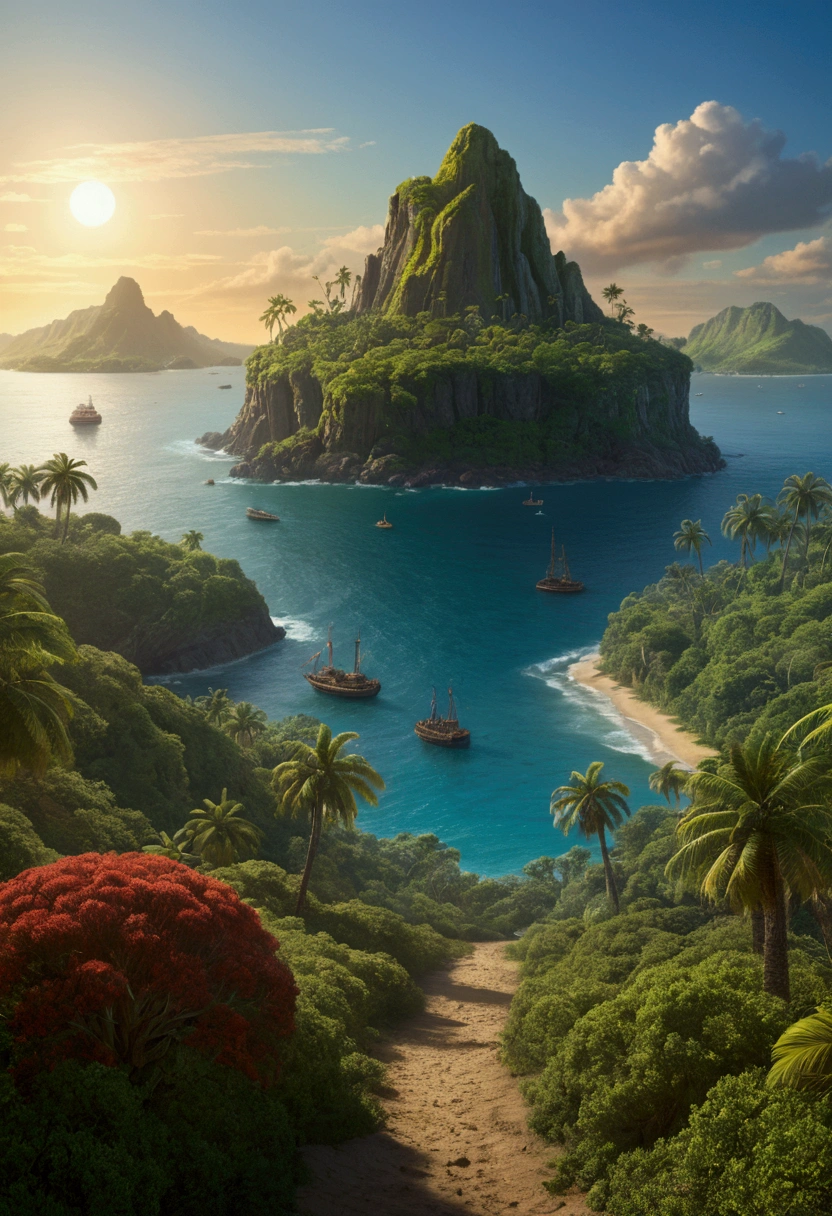 Mysterious Island, Mysterious atmosphere, exaggerate lighting, by Edward Gorey, no_human, cinematic still, (best quality, masterpiece), very aesthetic, perfect composition, intricate details, ultra-detailed, vivid colors