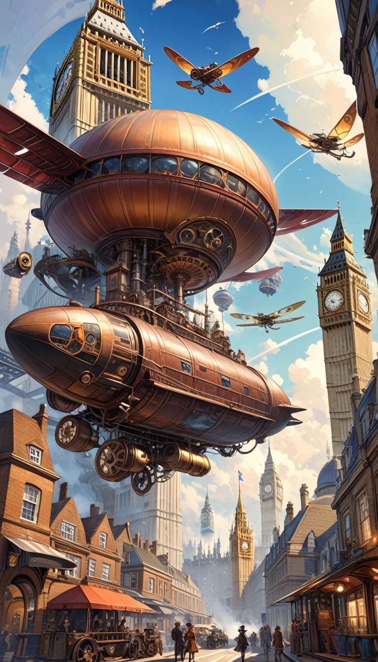 (steampunk, steampunk city landscape:1.2),steam, steam engines, boilers, pipes,clockwork, gogs, gears, (The Great Bell, Big Ben, London_eye, sky voyage, London), fantasy, alien_planet, OL_type1, dirigibles and airships float above cities, decorated with brass and rivets, steam-powered flying machines, ornithopters with mechanical wings in the sky, cabins equipped with gears, vivid, sharp,(intricate:1.2), (masterpiece:1.2), (best quality:1.2), (absurdres:1.2), (detailed background),,sparkling, jewels,(art inspired by Bill Sienkiewicz). oil painting)