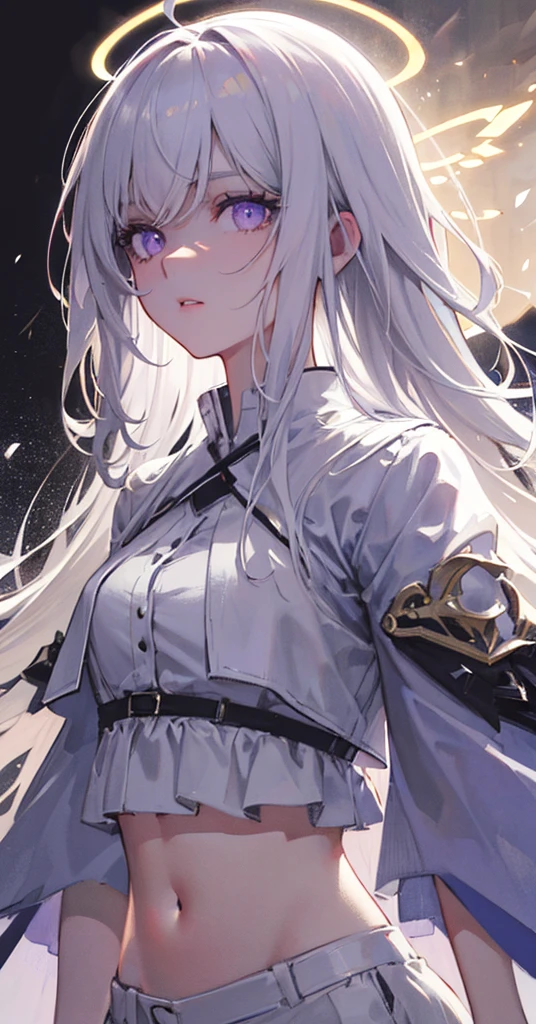 highres, highest quallity, illustration, cinematic light, ultra detailed, detailed face, (detailed eyes), best quality, hyper detailed, masterpiece, (detailed face), white hair, purple eyes, highest details, luminous eyes, medium breats, black halo, white clothes, backlighting, (midriff:1.4), light rays, (high contrast), (colorful),