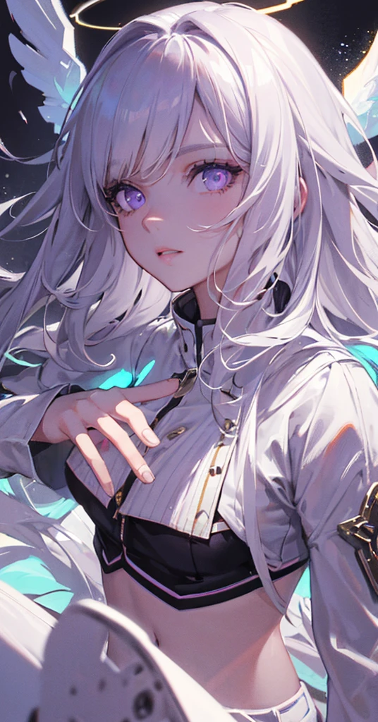 highres, highest quallity, illustration, cinematic light, ultra detailed, detailed face, (detailed eyes), best quality, hyper detailed, masterpiece, (detailed face), white hair, purple eyes, highest details, luminous eyes, medium breats, black halo, white clothes, backlighting, (midriff:1.4), light rays, (high contrast), (colorful),