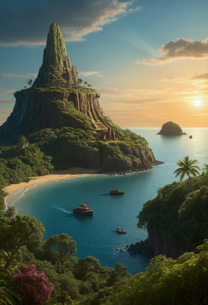 Mysterious Island, Mysterious atmosphere, exaggerate lighting, by Edward Gorey, no_human, cinematic still, (best quality, masterpiece), very aesthetic, perfect composition, intricate details, ultra-detailed, vivid colors