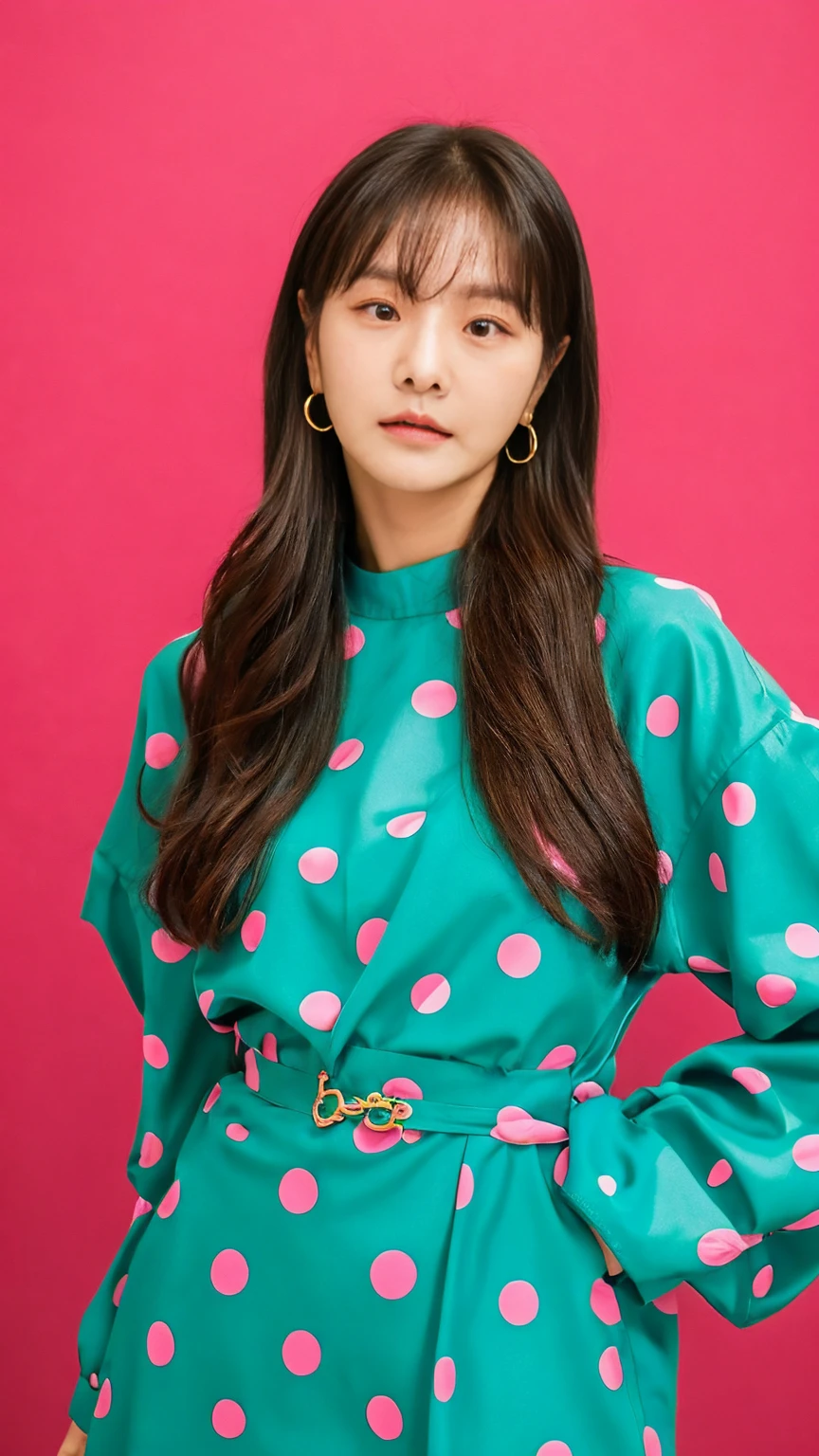 work of art, highest quallity, sfw, colorfully, 1 girl, standing alone, Hakurei Reimu, chestnut hair, eyes browns, long hair, hair tubes, breasts small, abstract background, blue background, pink back ground, yellow backdrop, polka dot background, (half tone), blackpink, Jennie, Jisoo, lisa, rose, blackpink Jisoo, blackpink Jennie, KOREAN, realisitic