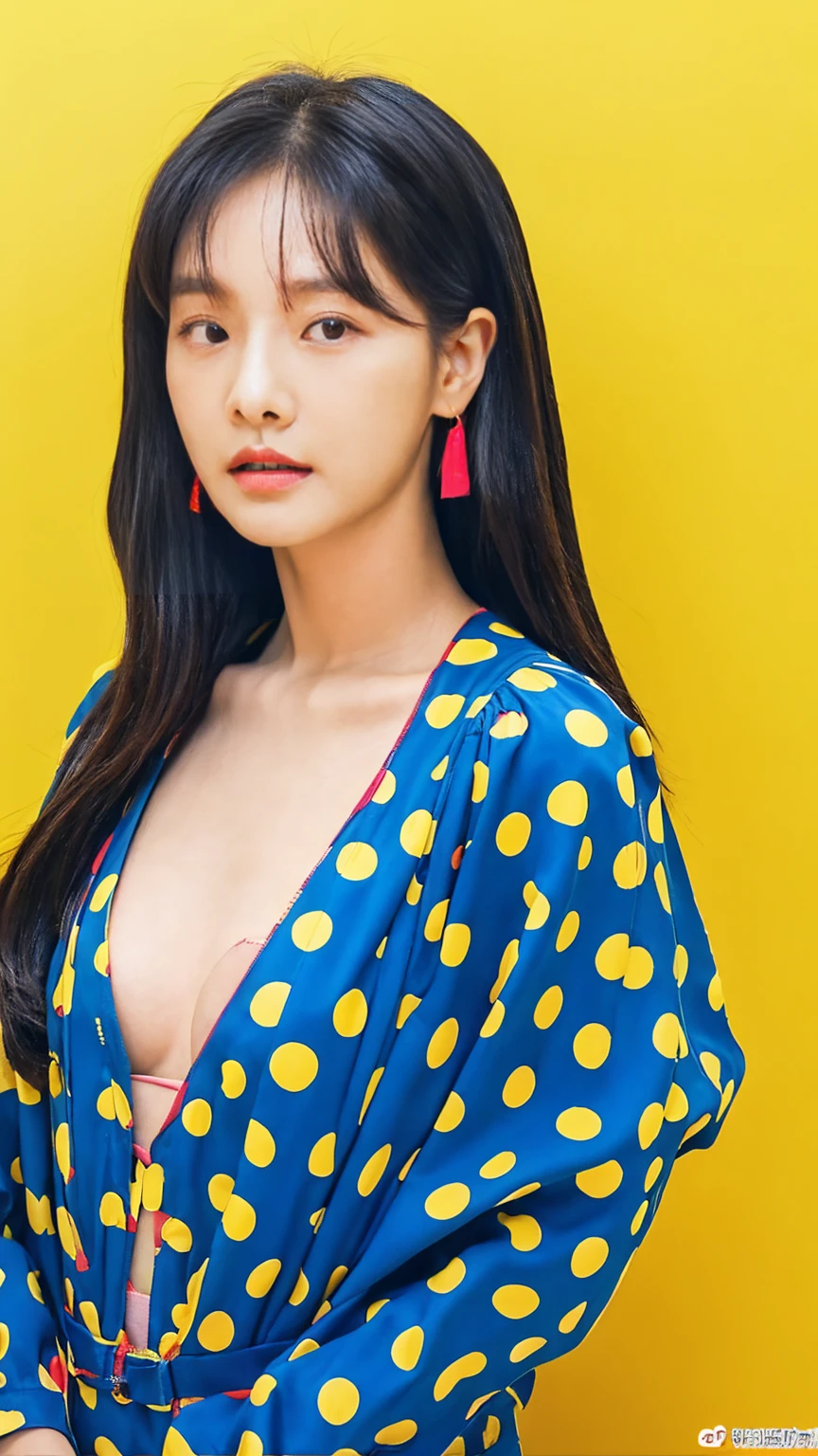 work of art, highest quallity, sfw, colorfully, 1 girl, standing alone, Hakurei Reimu, chestnut hair, eyes browns, long hair, hair tubes, breasts small, abstract background, blue background, pink back ground, yellow backdrop, polka dot background, (half tone), blackpink, Jennie, Jisoo, lisa, rose, blackpink Jisoo, blackpink Jennie, KOREAN, realisitic