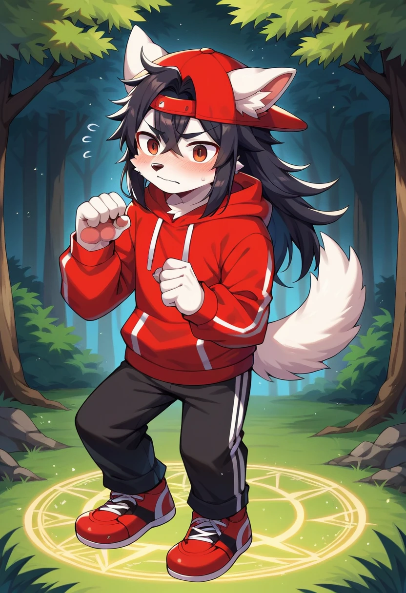 masterpiece, best quality, expressive eyes, perfect face, a man get transformed into a furry akita dog, furry akita, white fur, akita tail, dog ears, solo, surpriced, blushed, black hair, long hair, red baseball cap, black shirt, red hoodie, black sports pants, red sport shoes, brown eyes, full body, in a magic forest, glitter, embarrassed pose, magic circle on the floor. multiple views