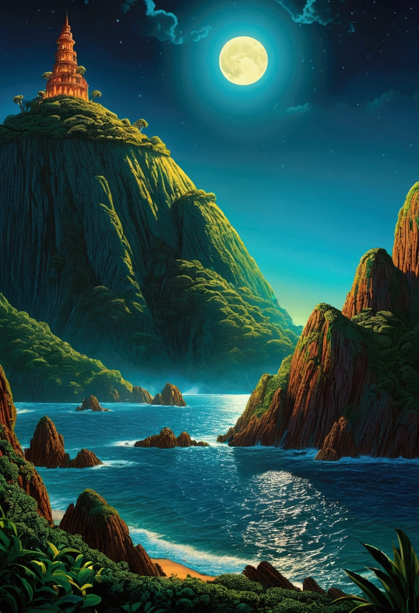Mysterious Island, Mysterious atmosphere, exaggerate lighting, by Edward Gorey, no_human, cinematic still, (best quality, masterpiece), very aesthetic, perfect composition, intricate details, ultra-detailed, vivid colors