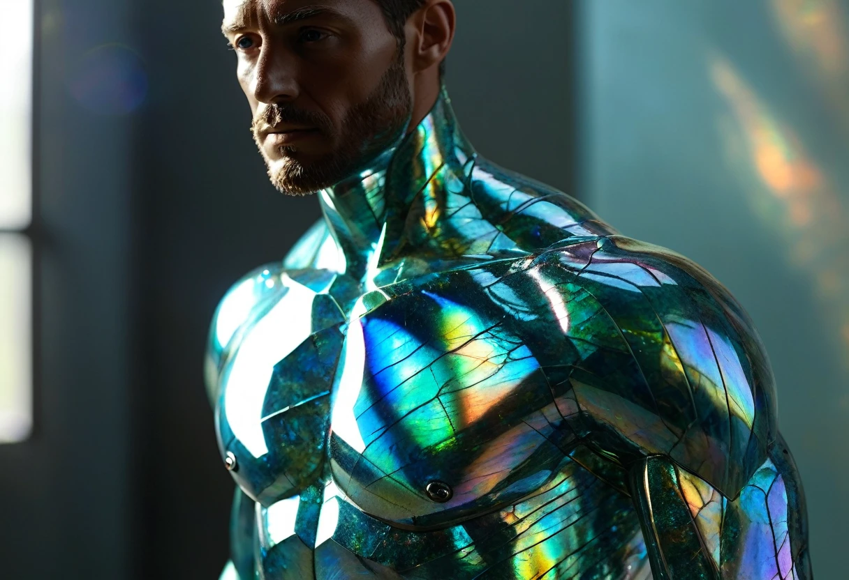head-to-toe body view, SCULPTURE in shiny labradorite gemstone of a man with his entire body visible , iridescent appearance. break, realisitic, ((photorealisitic)), extremely detailded, glass reflection, dark shadows, hard light hard shadows, Shallow depth of field,highly detailded, high budget Hollywood movie, , ((tenebrosa )) , detailded, non-material focus