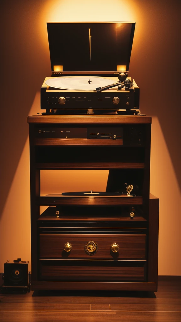 In one night，World-class record player plays music，Create an atmospheric feeling。Dim lights illuminate the scene，Gives a retro atmosphere。The grooves of a vinyl record player have a ral-trichom effect，Further highlighting its uniqueness。The whole scene is set against the backdrop of a retro music studio..，It makes people feel like returning to the past。
