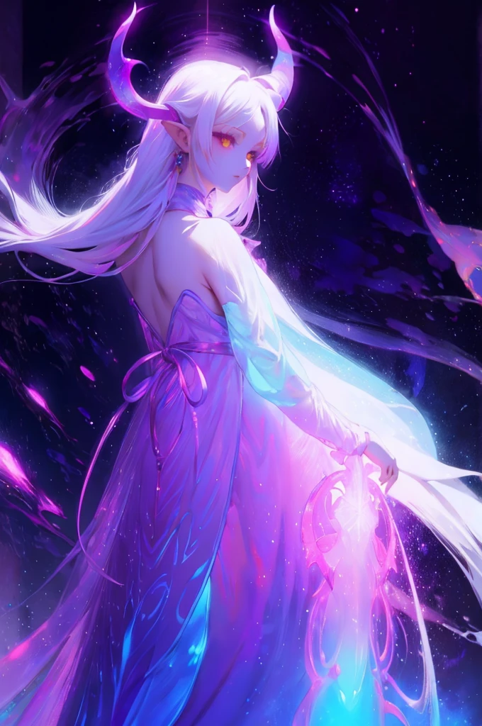 Designed by nty, One Little Girl, solo, 8k, hyper HD, Albino demon girl standing, Dark clothes, shot from far away, ( Long white hair:1.3) , purple rose bush, (Rainbow gradient bioluminescent dress), Blue turtleneck sweater with tulle skirt, winking ,(long and complex horns:1.2), white backgrounid, multicolored clothing, Complicated details
