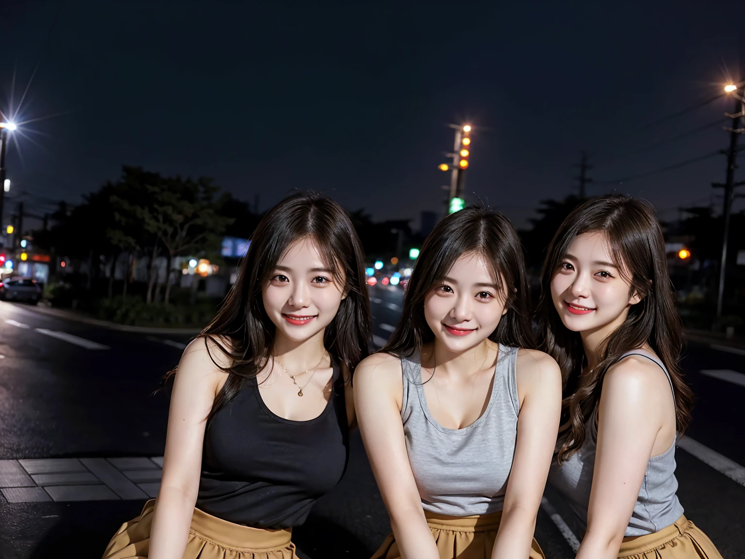 3 girls, tokyo road,nighttime, city scenery,city lights,upper body,close up,smile,, (8ก, raw photos, best quality, Masterpiece:1.2),(realistic, photo-realistic:1.37), ((Wear a jeans skirt, tank top ))