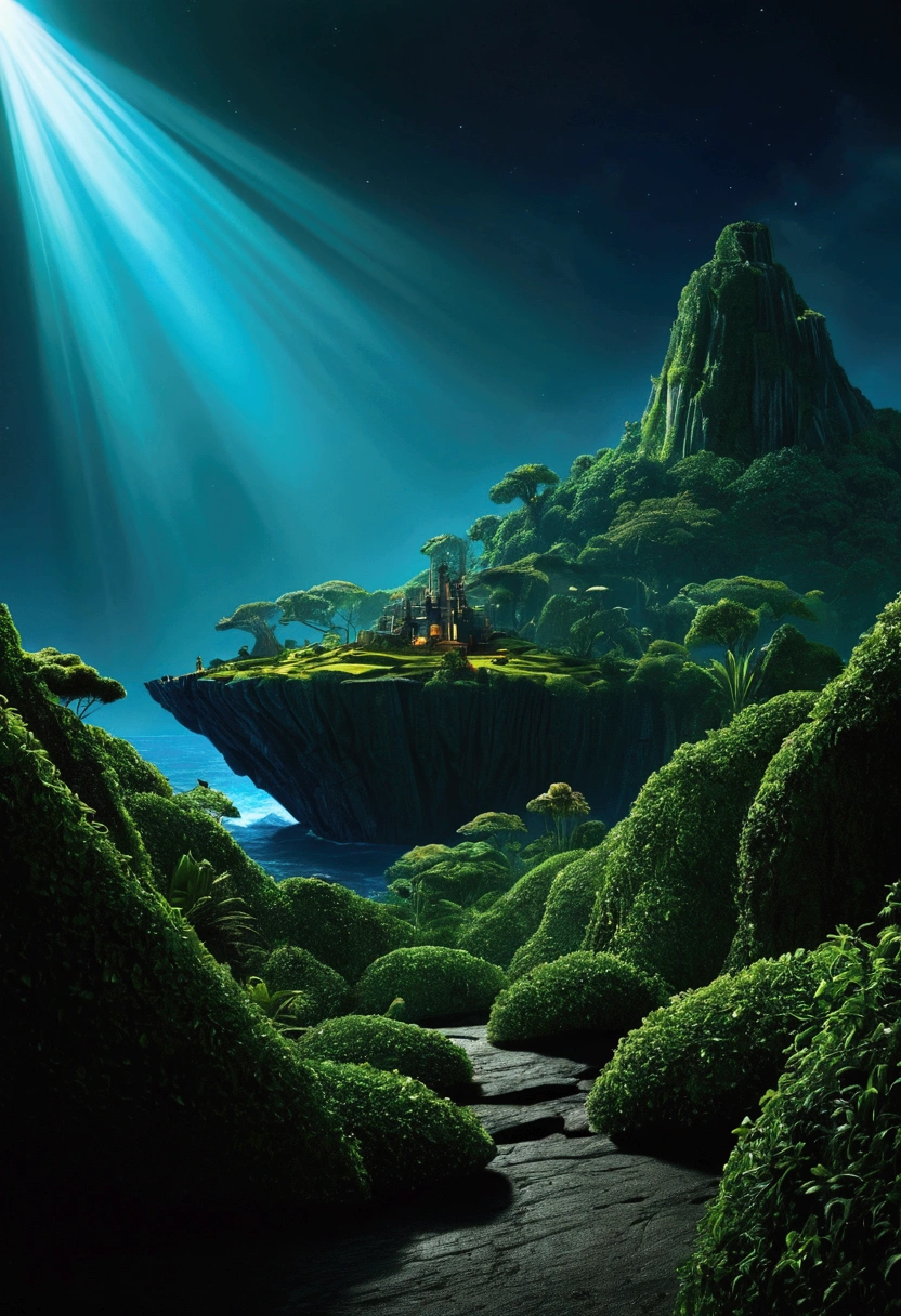 Mysterious Island, Mysterious atmosphere, exaggerate lighting, by Edward Gorey, no_human, cinematic still, (best quality, masterpiece), very aesthetic, perfect composition, intricate details, ultra-detailed, vivid colors