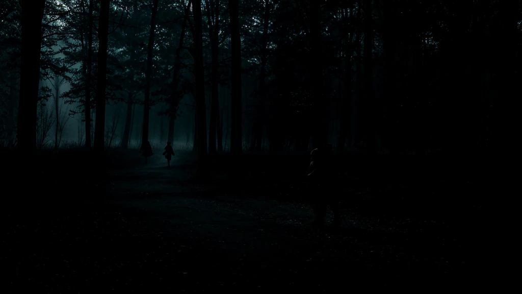 Create a night scene where two silhouettes wander through a dark, shadowy forest. The moonlight filters through the trees, casting eerie shadows on the ground. In the background, faint echoes of laughter can be seen as ghostly figures. The atmosphere should be melancholic and mysterious, with a sense of longing and nostalgia.